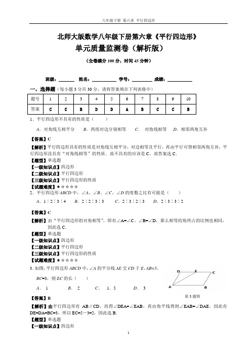 北师大版八下第6章 《平行四边形》单元质量监测卷 (解析版)