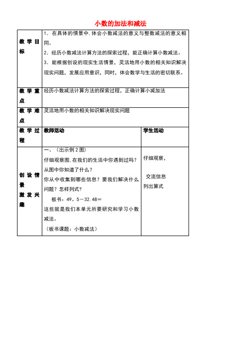 四年级数学下册7.1《小数的加法和减法》教案2西师大版