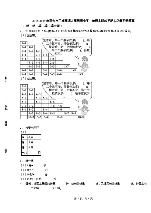2018-2019年邢台市王虎寨镇大寨明德小学一年级上册数学期末总复习无答案