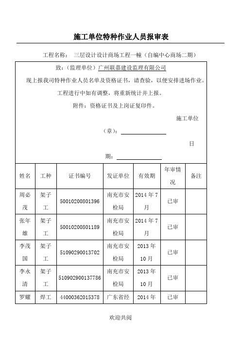 现场施工单位特种作业人员报审表格范本