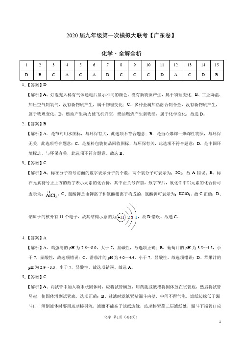 (广东卷) 2020年九年级化学第一次模拟大联考(全解全析)