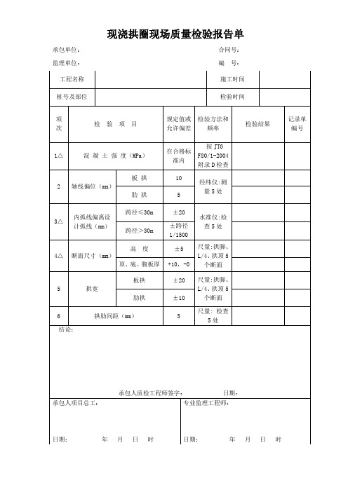 就地浇筑拱圈现场质量检验报告单