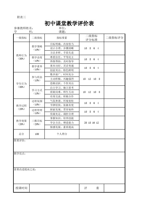 初中课堂教学评价表