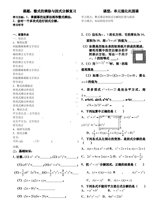 整式乘法与因式分解复习学案