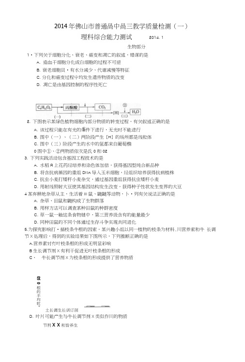 《广东省佛山市普通高中二零一六届高三理综(生物部分)教学质量检测试题(一)新人教版》.doc