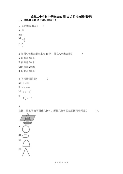 成都二十中初中学校2020届10月月考检测(数学) 附详细答案