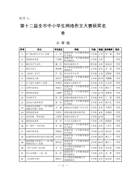 第十二届全市中小学生网络作文大赛获奖名单