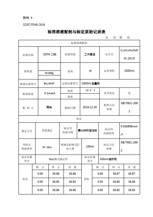 JJ348标准溶液配制与标定原始记录表