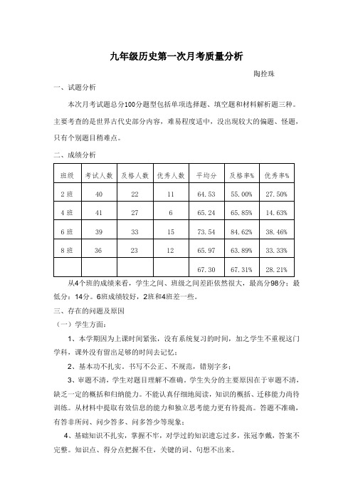 九年级历史第一次月考质量分析