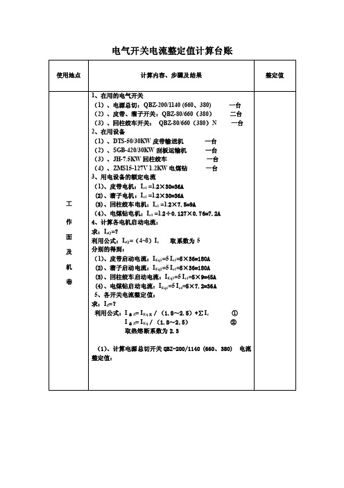 电气开关电流整定值计算台账