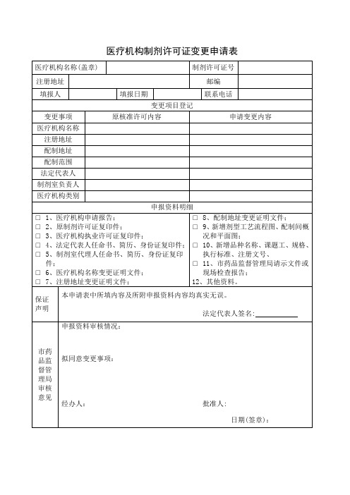 医疗机构制剂许可证变更申请表