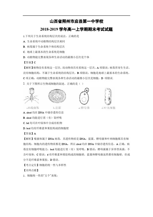 山西省朔州市应县第一中学校2018-2019学年高一上学期期末考试生物试卷 Word含解析