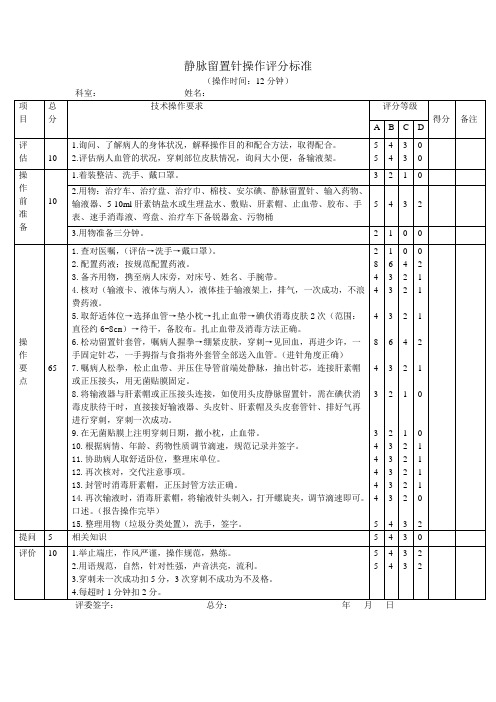 静脉留置针操作评分标准