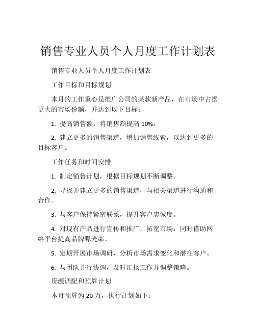 销售专业人员个人月度工作计划表