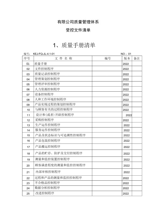 医疗器械受控文件清单