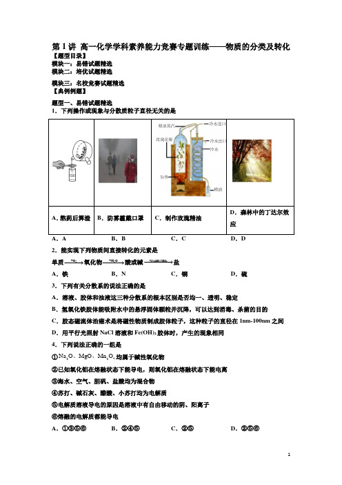 (竞赛) 第1讲 高一化学学科素养能力竞赛专题训练——物质的分类及转化(原卷版)