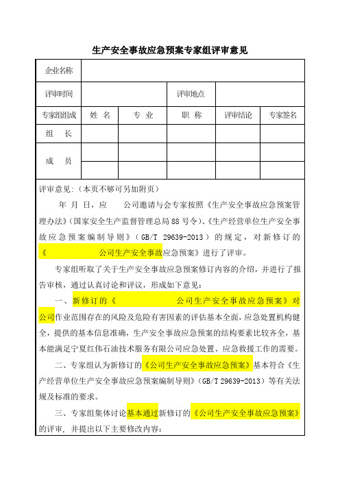 生产安全事故应急预案专家组评审意见