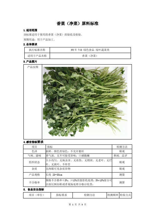 香菜(净菜)原料标准