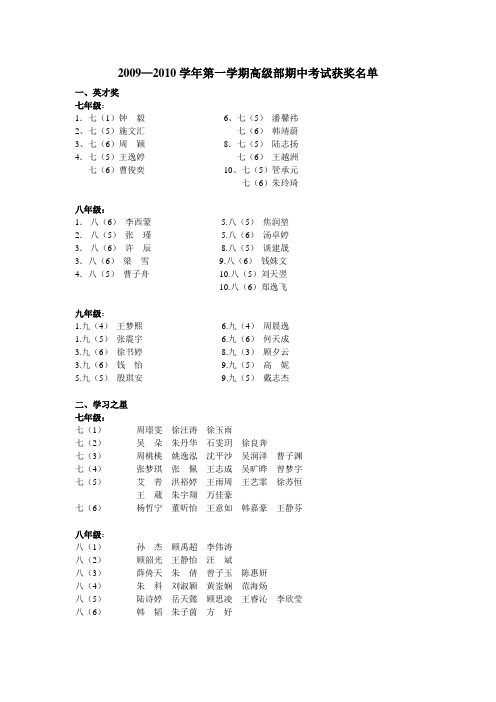 2009-2010学年第一学期高级部期中考试获奖名单