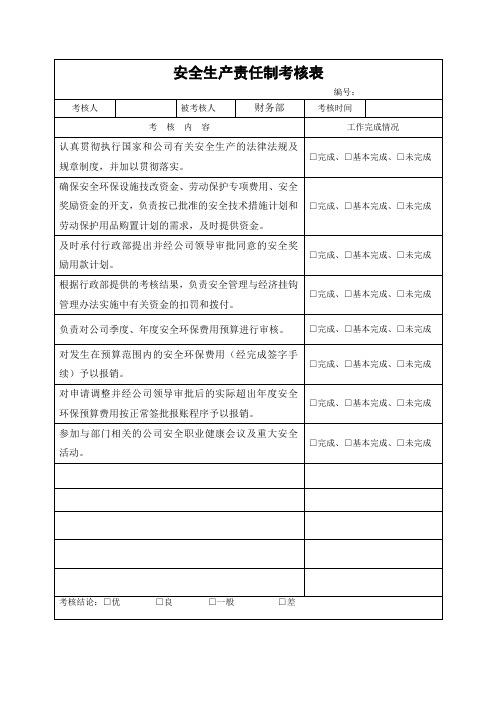 财务部安全生产责任制考核表