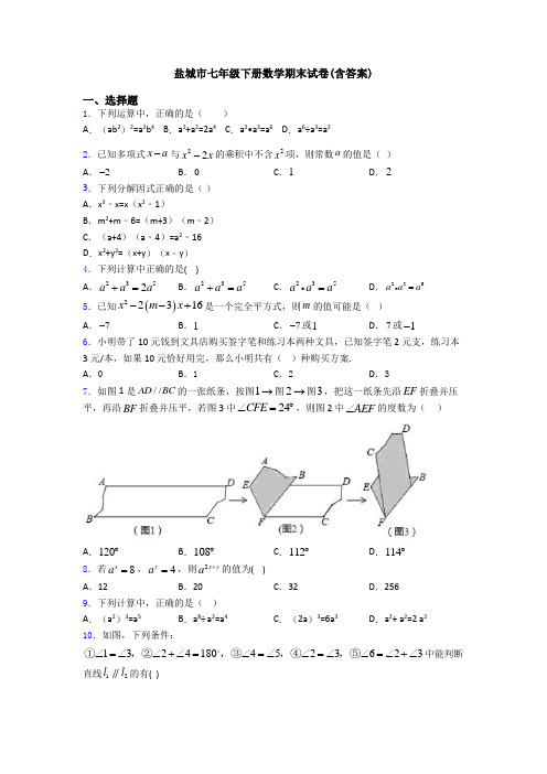 盐城市七年级下册数学期末试卷(含答案)