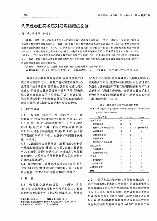 先天性心脏病术后对妊娠结局的影响