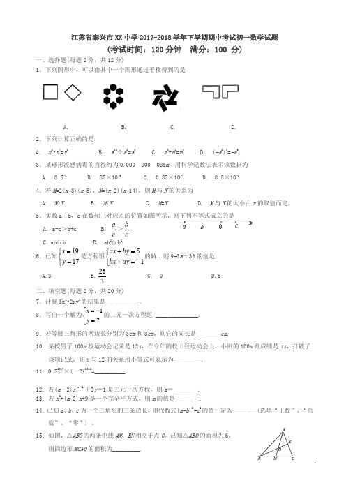 泰兴市xx中学2018年初一下期中考试数学试题有答案