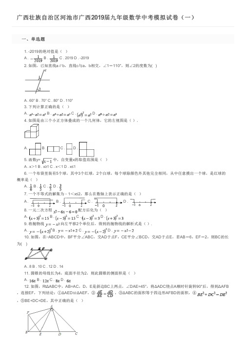 广西壮族自治区河池市广西2019届九年级数学中考模拟试卷(一)及参考答案