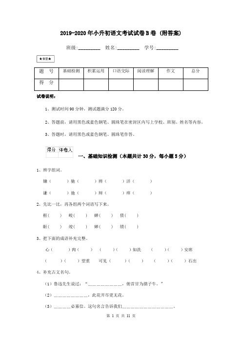 2019-2020年小升初语文考试试卷B卷 (附答案)