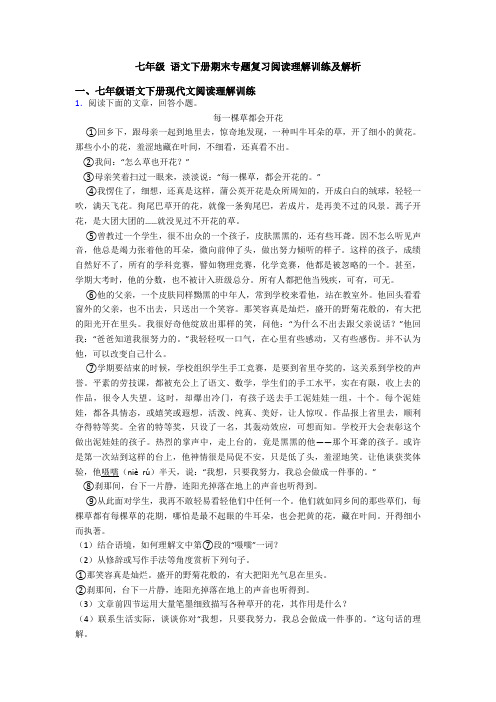 七年级 语文下册期末专题复习阅读理解训练及解析