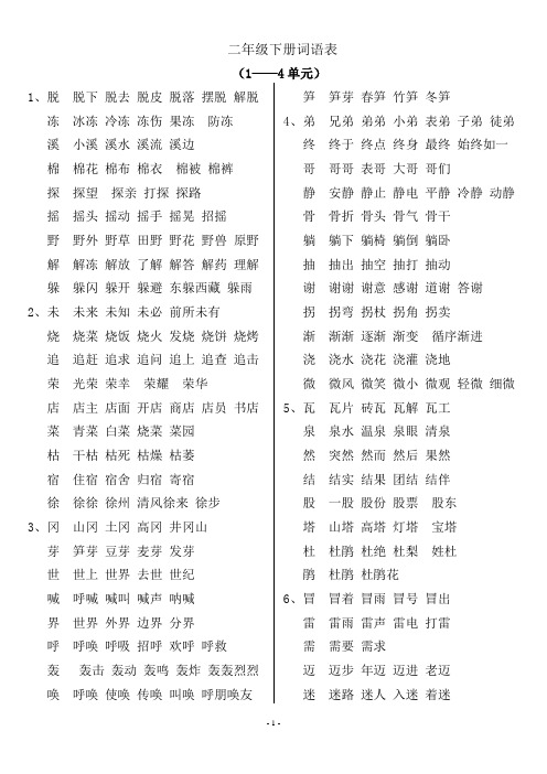 _二年级下册1——4单元_词语表