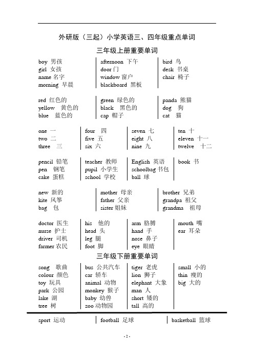 外研版(三起)小学英语三四年级重点单词