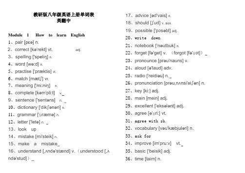 新外研版八年级英语上册单词表默写(带音标)英翻中 -