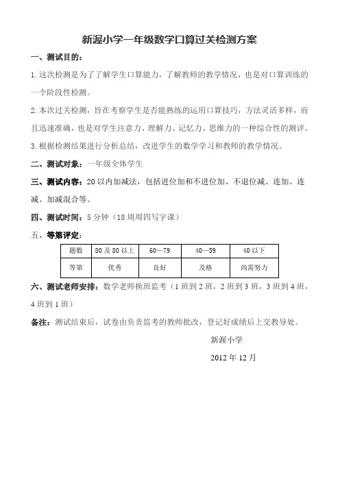 新渥小学一年级数学口算过关检测方案