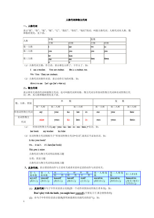 初一英语人称和物主代词的表格及练习题( 七年级用)