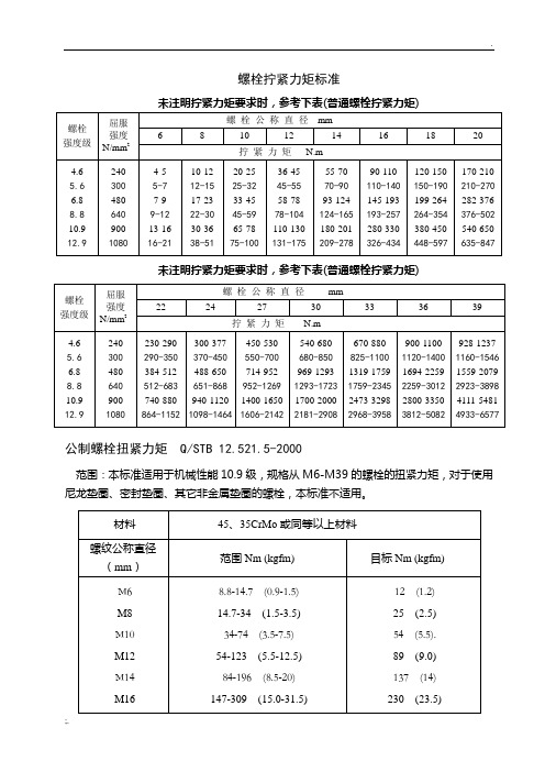 螺栓拧紧力矩及标准