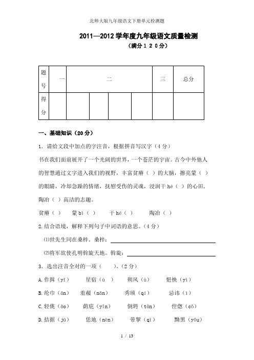 北师大版九年级语文下册单元检测题