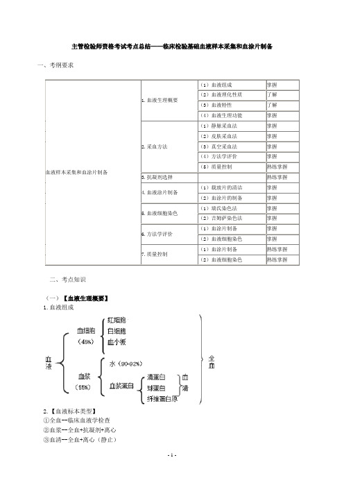 主管检验师资格考试考点总结——临床检验基础血液样本采集和血涂片制备