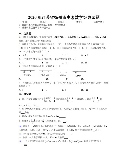 2020年江苏省扬州市中考数学经典试题附解析