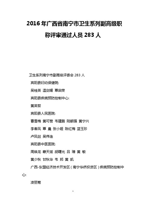 2016年广西省南宁市卫生系列副高级职称评审通过人员283人