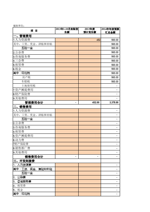 费用及税金预算表