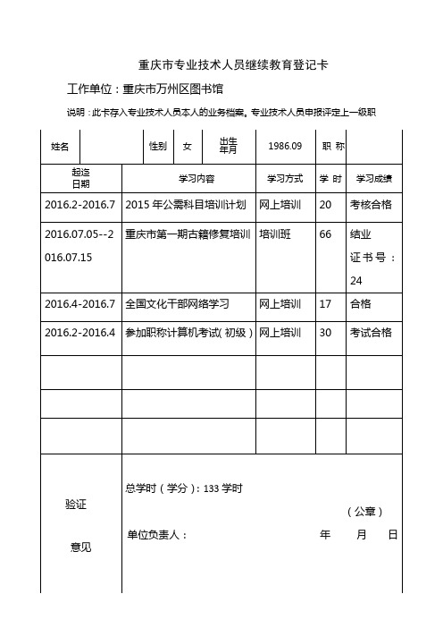 2016重庆市专业技术人员继续教育登记卡