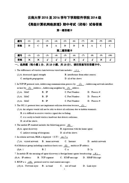 2016年春季-高级网络原理期中考试试卷(答案)