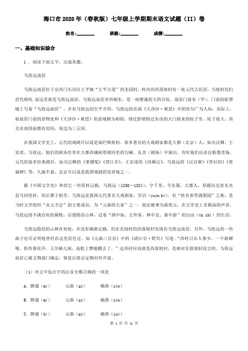 海口市2020年(春秋版)七年级上学期期末语文试题(II)卷