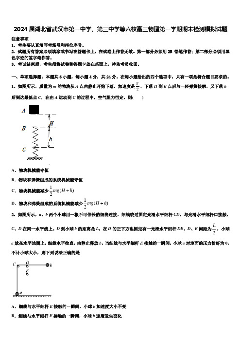 2024届湖北省武汉市第一中学、第三中学等六校高三物理第一学期期末检测模拟试题含解析