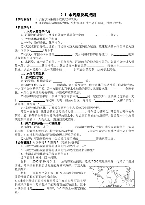 高二地理人教版选修6导学案：2.1水污染及成因