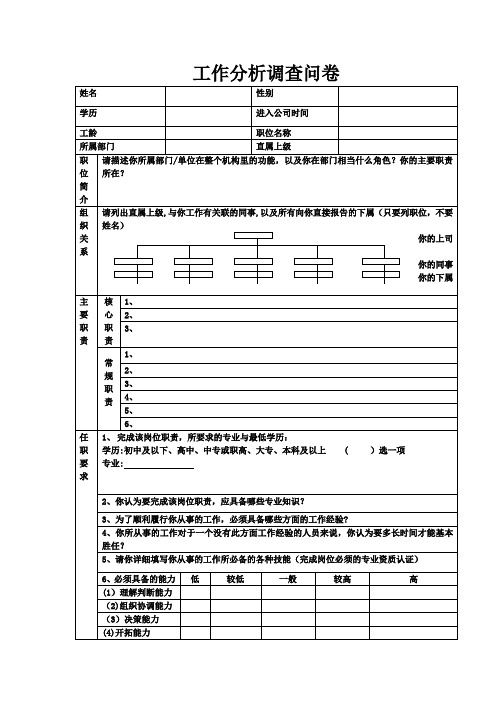 人力资源管理工作分析调查问卷