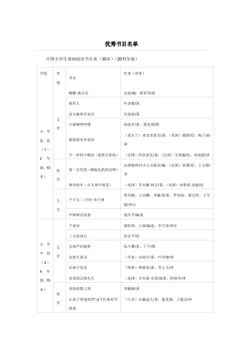 中国小学生基础阅读书目表(30本)