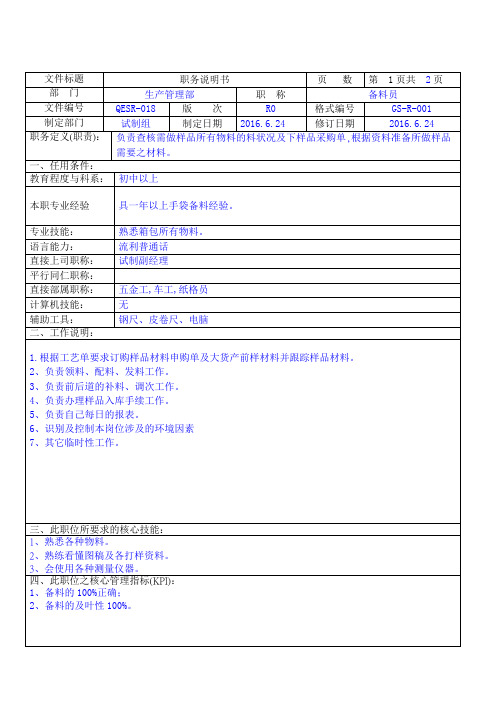 12备料员职务说明书