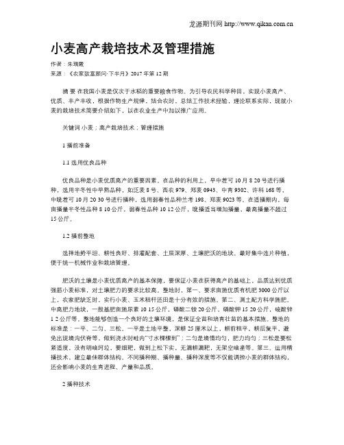 小麦高产栽培技术及管理措施